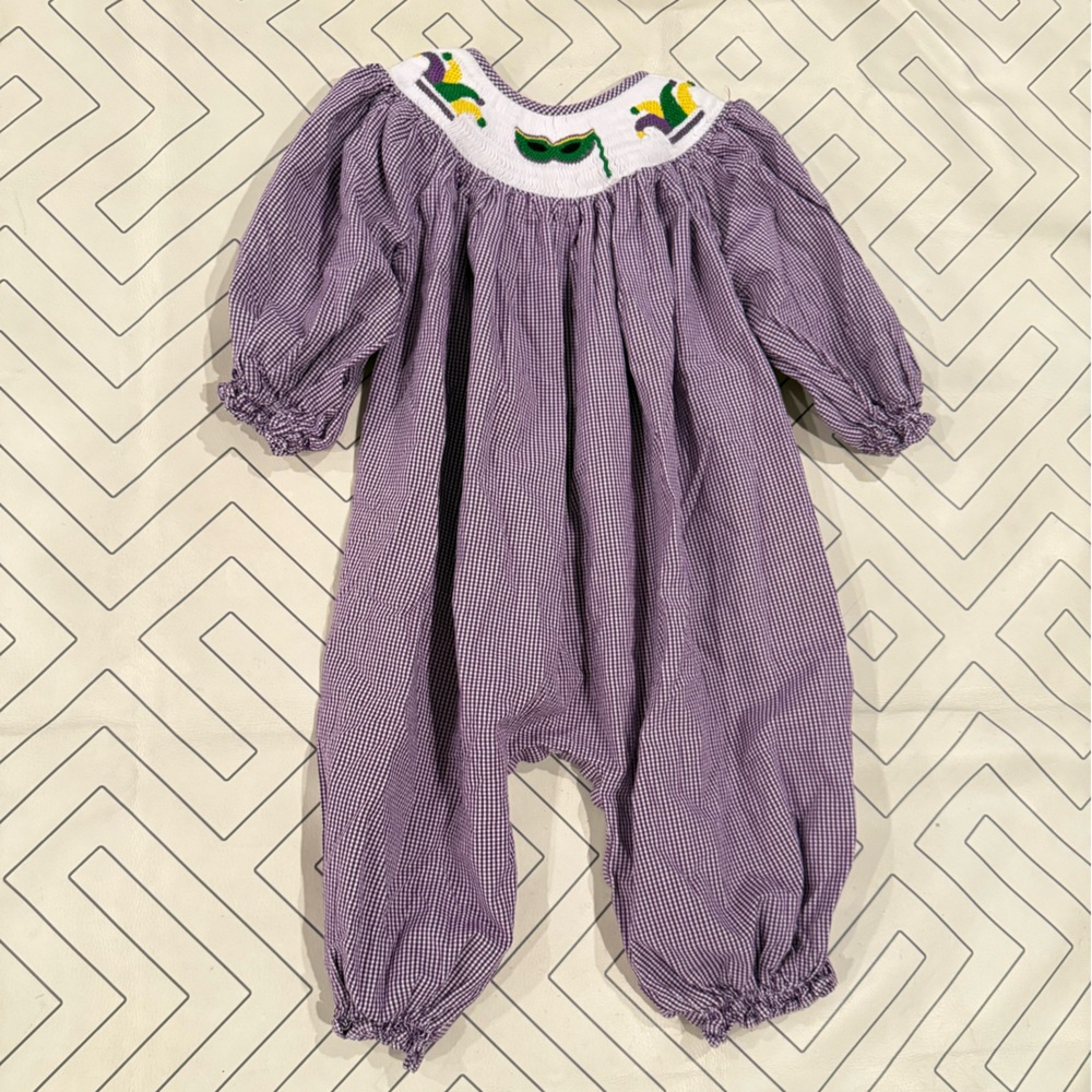 Southern Smocked Company Purple Gingham Mardi Grad Smocked One Piece